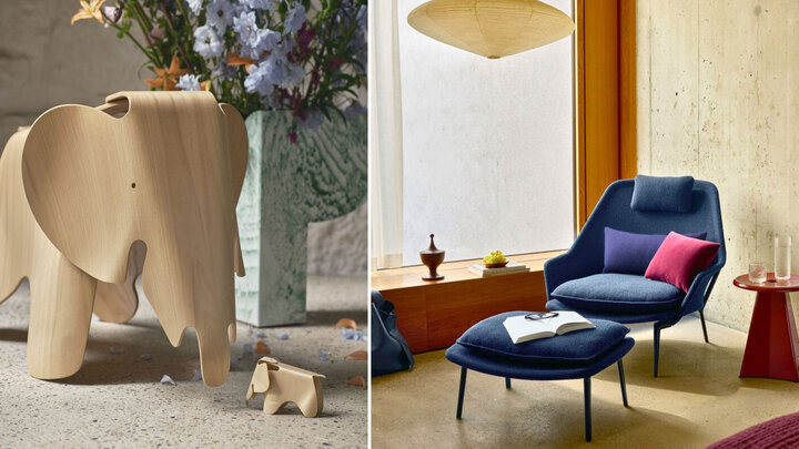 Mood Vitra Homestory for Winter 2025/26 Eames Elephants Plywood Slow Chair Blau