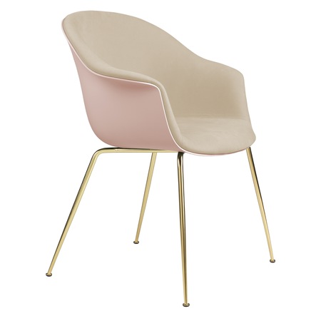 Gubi Stuhl 'Bat' Conic - Vorne gepolstert Brass Semi Matt, Sweet Pink, Hellgrau 128 - Velvet