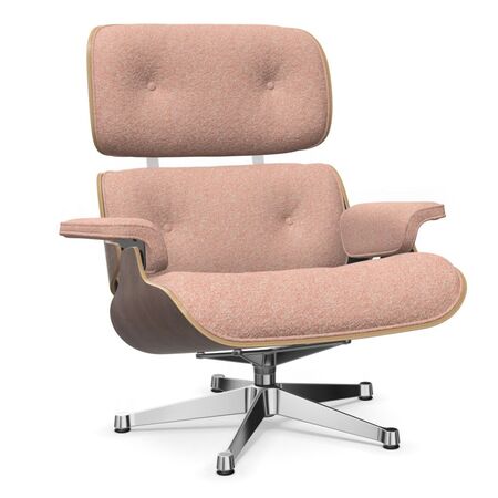 Vitra Eames Lounge Chair / neues Furnier / Stoff / Filzgleiter harte Böden Nussbaum dunkel lackiert 32, Elfenbein-Pfirsich 07 - Nubia, Aluminium poliert 03, Neue Masse