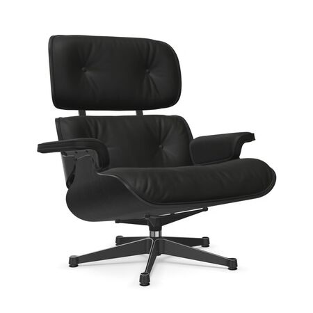 Vitra Eames Lounge Chair / neues Furnier / Leder / Filzgleiter harte Böden Kastanie schwarz lackiert 27, Nero 66 - Leder Premium F, Aluminium poliert 03 / Tiefschwarz 12 pulverbeschichtet (glatt), Neue Masse