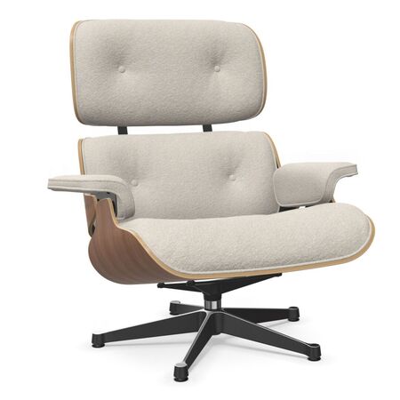 Vitra Eames Lounge Chair / neues Furnier / Stoff / Filzgleiter harte Böden Nussbaum natur lackiert 31, Elfenbein-Perle 01 - Nubia, Aluminium poliert 03 / Tiefschwarz 12 pulverbeschichtet (glatt), Neue Masse