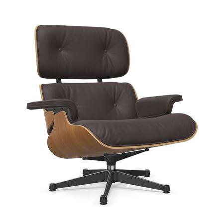 Vitra Eames Lounge Chair / neues Furnier / Leder / Filzgleiter harte Böden Kirschbaum natur lackiert 28, Pflaume 87 - Leder Premium F, Aluminium poliert 03 / Tiefschwarz 12 pulverbeschichtet (glatt), Neue Masse