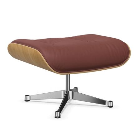 Vitra Lounge Chair Ottoman / neues Furnier / Leder Kastanie natur lackiert 26, Brandy 93 - Leder Premium F, Aluminium poliert 03