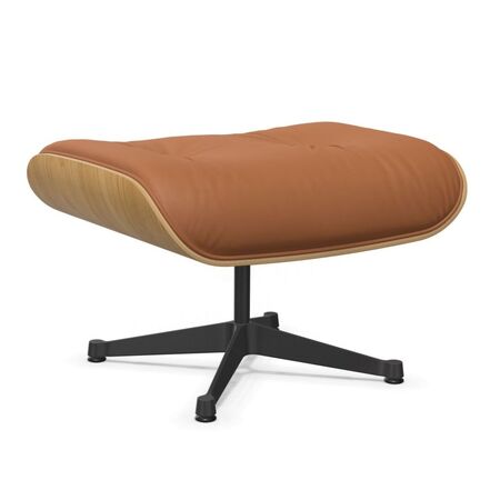 Vitra Lounge Chair Ottoman / neues Furnier / Leder Kastanie natur lackiert 26, Cognac 97 - Leder Premium F, Tiefschwarz 12 pulverbeschichtet (glatt)