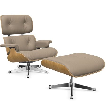 Vitra Lounge Chair & Ottoman / neues Furnier / Leder / Filzgleiter für harte Boden Kastanie natur lackiert 26, Dark Sand 78 - Leder Natural F, Aluminium poliert 03, Klassische Masse