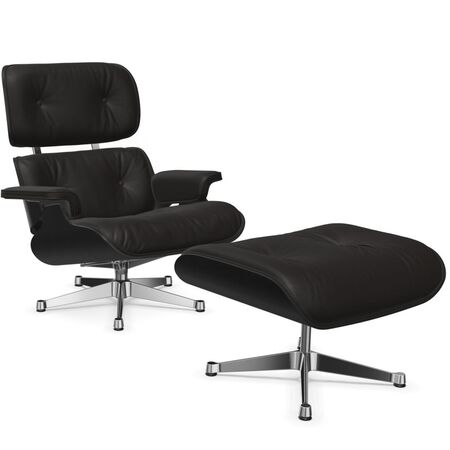 Vitra Lounge Chair & Ottoman / neues Furnier / Leder / Filzgleiter für harte Boden Kastanie schwarz lackiert 27, Chocolate 68 - Leder Natural F, Aluminium poliert 03, Klassische Masse
