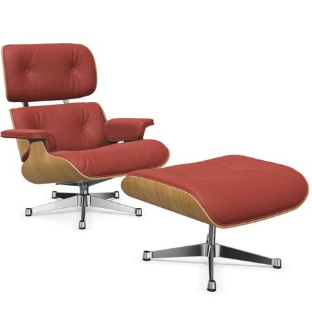 Vitra Lounge Chair & Ottoman / neues Furnier / Leder / Filzgleiter für harte Boden Kastanie natur lackiert 26, Red Stone 22 - Leder Premium F, Aluminium poliert 03, Klassische Masse
