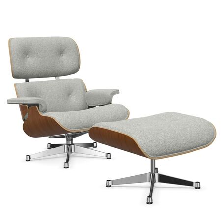 Vitra Lounge Chair & Ottoman / neues Furnier / Stoff / Filzgleiter für harte Boden Nussbaum natur lackiert 31, Crème-Sierragrau 06 - Nubia, Aluminium poliert 03, Klassische Masse