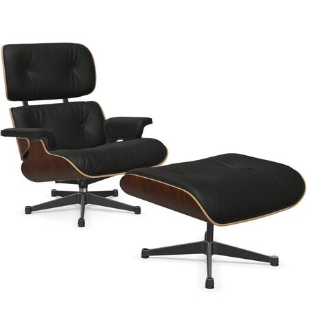 Vitra Lounge Chair & Ottoman / neues Furnier / Leder / Filzgleiter für harte Boden Nussbaum dunkel lackiert, Leder Premium F nero, Aluminium poliert 03 / Tiefschwarz 12 pulverbeschichtet (glatt), Klassische Masse