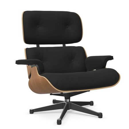 Vitra Eames Lounge Chair / neues Furnier / Stoff / Filzgleiter harte Böden Kirschbaum natur lackiert 28, Dark Anthracite 08 - Calma, Aluminium poliert 03 / Tiefschwarz 12 pulverbeschichtet (glatt), Klassische Masse