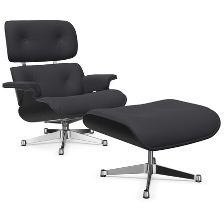 Vitra Lounge Chair & Ottoman / neues Furnier / Stoff / Filzgleiter für harte Boden Kastanie schwarz lackiert 27, Dark Grey 10 - Calma, Aluminium poliert 03, Neue Masse