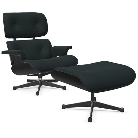 Vitra Lounge Chair & Ottoman / neues Furnier / Stoff / Filzgleiter für harte Boden Kastanie schwarz lackiert 27, Pine Green 11 - Calma, Aluminium poliert 03 / Tiefschwarz 12 pulverbeschichtet (glatt), Neue Masse