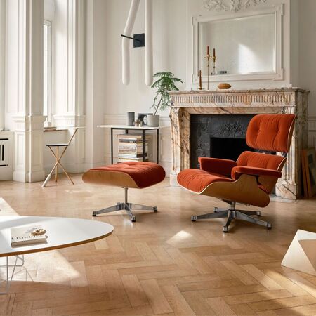 Vitra Lounge Chair & Ottoman / neues Furnier / Stoff / Filzgleiter für harte Boden Santos Palisander 05, Brandy 07 - Calma, Aluminium poliert 03, Klassische Masse