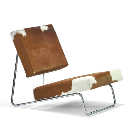 Richard Lampert  Lounge Chair 'Hirche' in Stoff Kuhfell Braun - weiss, Gestell Chrom