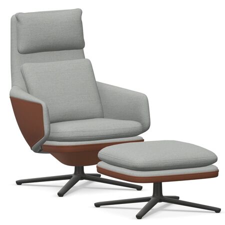 Vitra GRE Grand Relax and Ottoman von Vitra Kiesel melange 06 - Dumet, Basic Dark 30 pulverbeschichtet (glatt), H: 41.5 cm, Cognac (dunkel) 01 - Leder Forte (Dekor)
