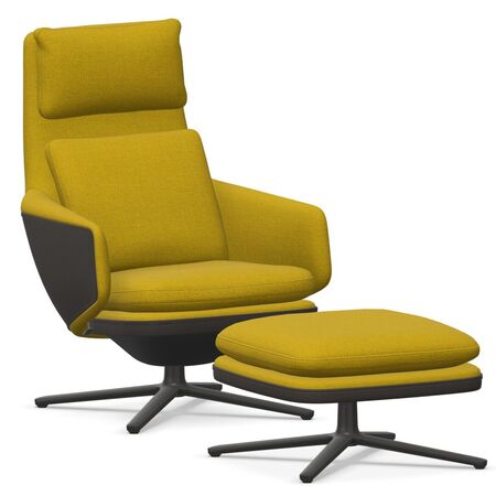 Vitra GRE Grand Relax and Ottoman von Vitra Gelb melange 11 - Dumet, Basic Dark 30 pulverbeschichtet (glatt), H: 46.5 cm, Chocolate 04 - Leder Forte (Dekor)