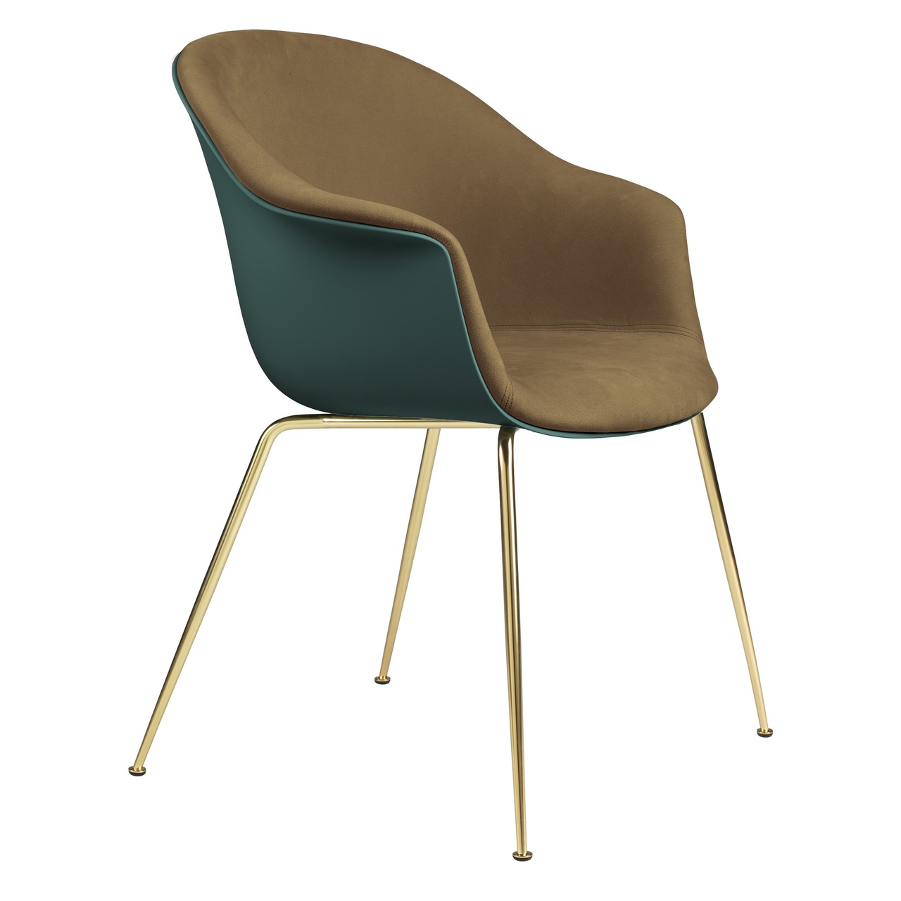 Gubi Stuhl 'Bat' Conic - Vorne gepolstert Brass Semi Matt, Dark Green, Graugrün 294 - Velvet