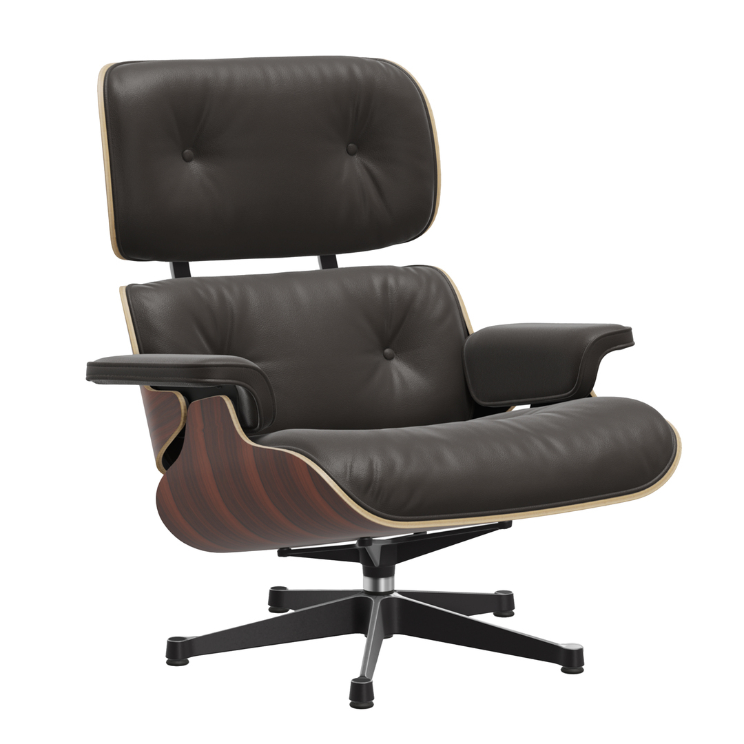Vitra Lounge Chair / neue Masse / Filzgleiter für harte Boden Santos Palisander 05, Chocolate 68 - Leder Premium F, Aluminium poliert 03 / Tiefschwarz 12 pulverbeschichtet (glatt)