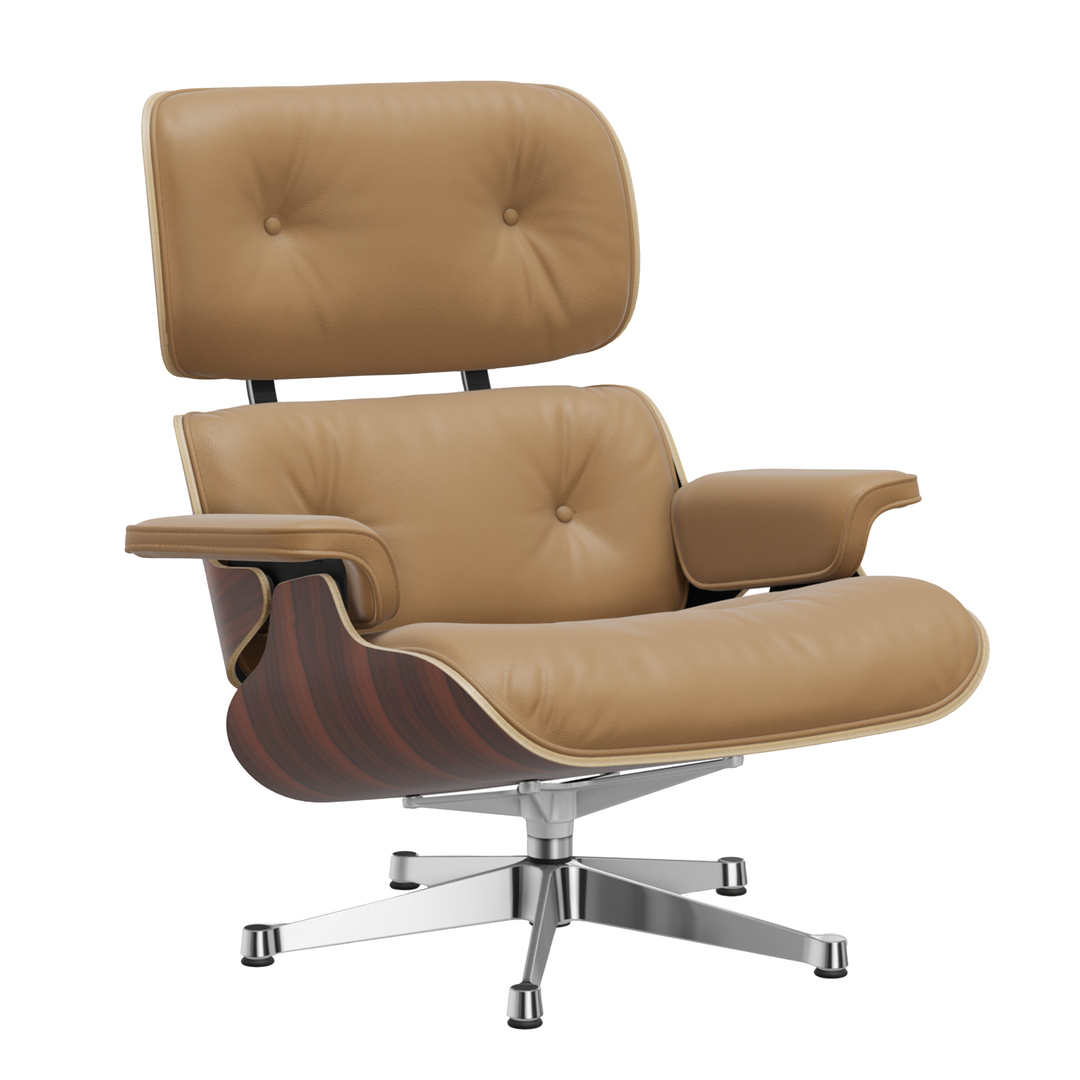 Vitra Lounge Chair / neue Masse / Filzgleiter für harte Boden Santos Palisander 05, Caramel 01 - Leder Natural F, Aluminium poliert 03
