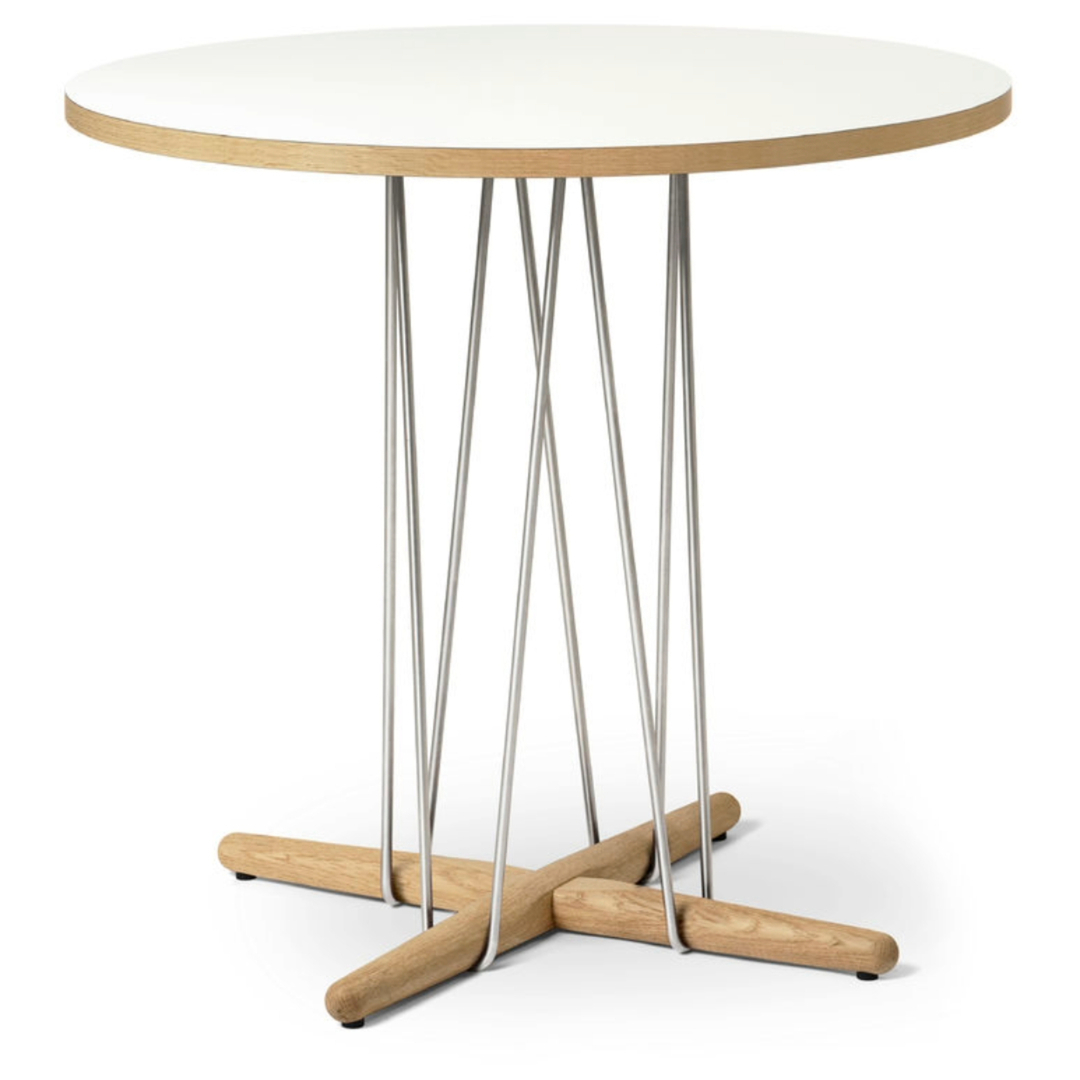 Carl Hansen & Søn E020 Embrace Table Laminate white, Oak oiled, Ø: 139.5 cm, Stainless steel 