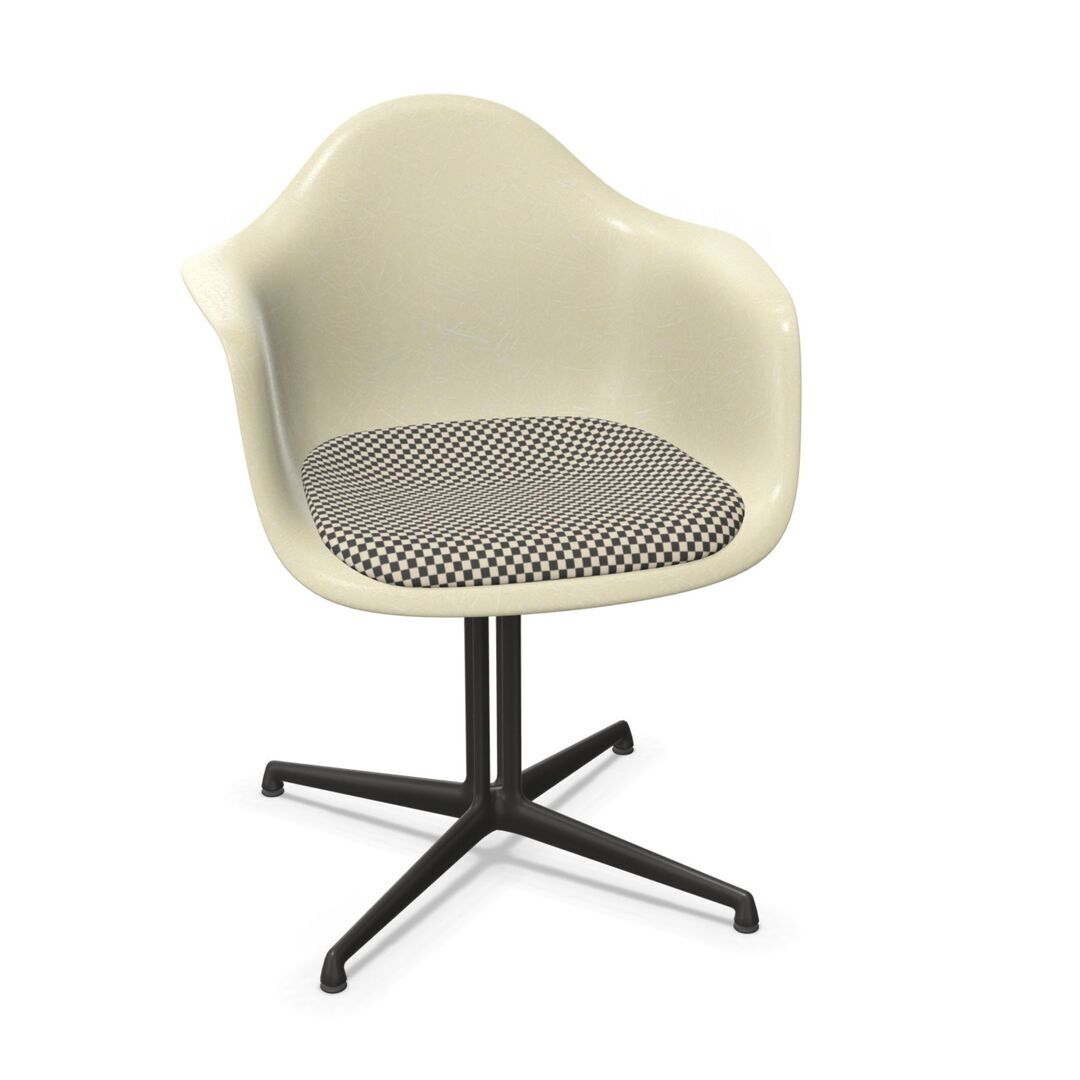 Vitra Eames Fiberglas Armchair DAL mit Sitzpolster von Vitra 01 Parchment, Black-White 01 - Checker, Basic Dark 30 pulverbeschichtet (glatt), Filzgleiter basic dark für Hartboden 05