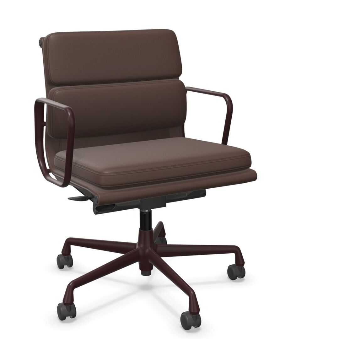 Vitra Soft Pad Chair EA 217 in Leder Kastanie 69 - Leder, Dunkel Bordeaux 60 pulverbeschichtet (struktur), Rolle weich gebremst für Hartboden 03