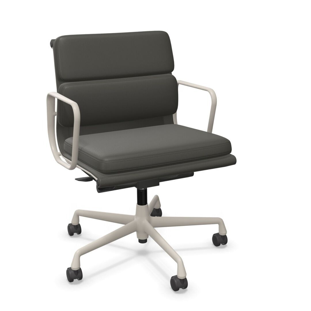 Vitra Soft Pad Chair EA 217 in Leder Umbragrau 61 - Leder, Kreide 37 pulverbeschichtet (struktur), Rolle hart gebremst für Teppichboden 02