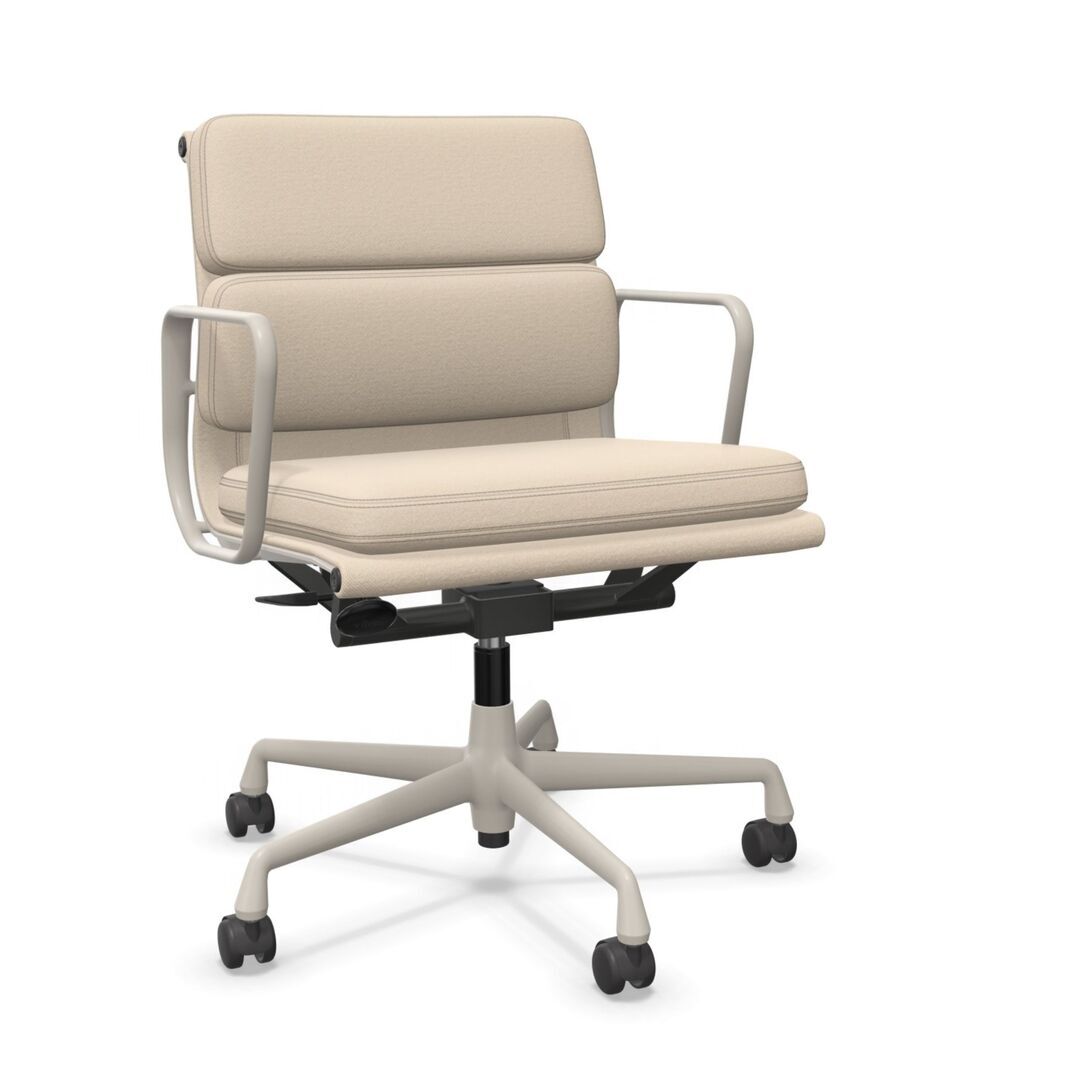 Vitra Soft Pad Chair 'EA 217' (mittlere Rückenlehne) Pergament-Crème 01 - Track, Kreide 37 pulverbeschichtet (struktur), Rolle hart gebremst für Teppichboden 02