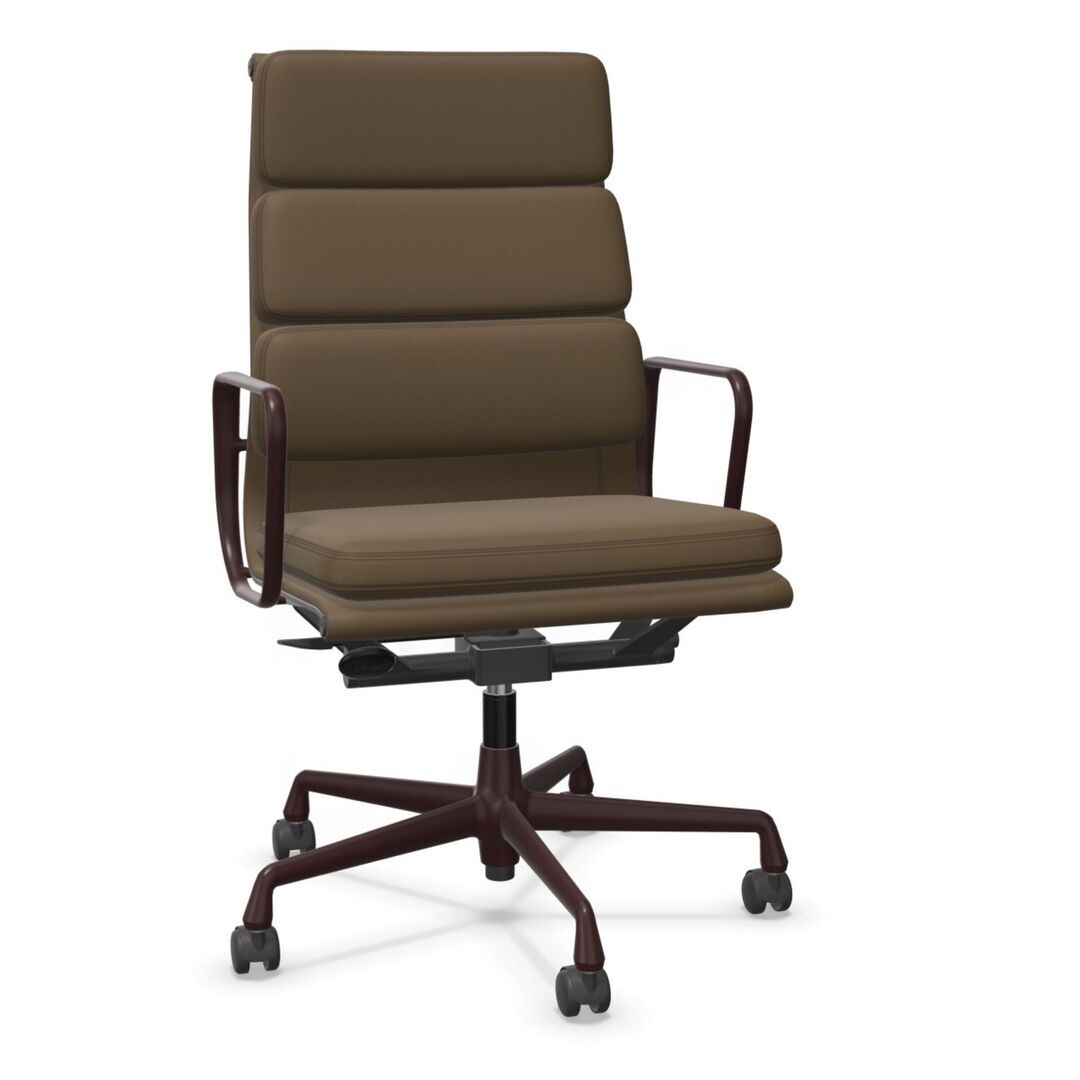 Vitra Soft Pad Chair EA 219 Olive 74 - Leder Premium F, Dunkel Bordeaux 60 pulverbeschichtet (struktur), Rolle weich gebremst für Hartboden 03
