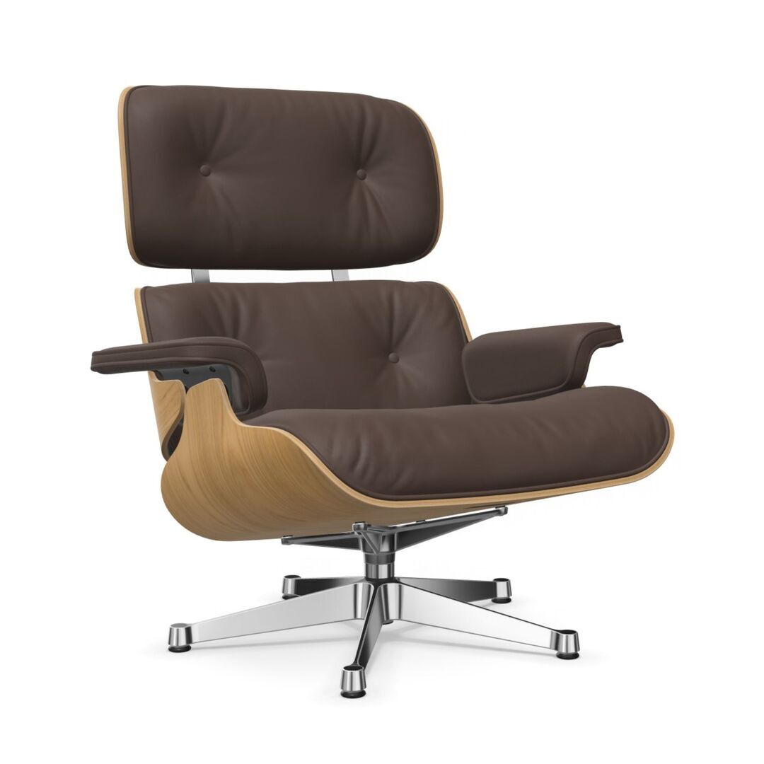 Vitra Eames Lounge Chair / neues Furnier / Leder / Filzgleiter harte Böden Kastanie natur lackiert 26, Kastanie 69 - Leder Premium F, Aluminium poliert 03, Klassische Masse