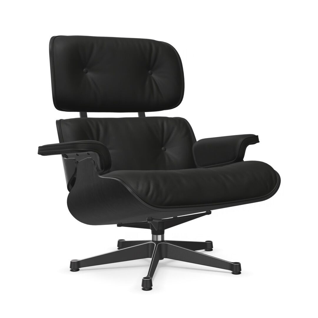 Vitra Eames Lounge Chair / neues Furnier / Leder / Filzgleiter harte Böden Kastanie schwarz lackiert 27, Nero 66 - Leder Premium F, Aluminium poliert 03 / Tiefschwarz 12 pulverbeschichtet (glatt), Neue Masse
