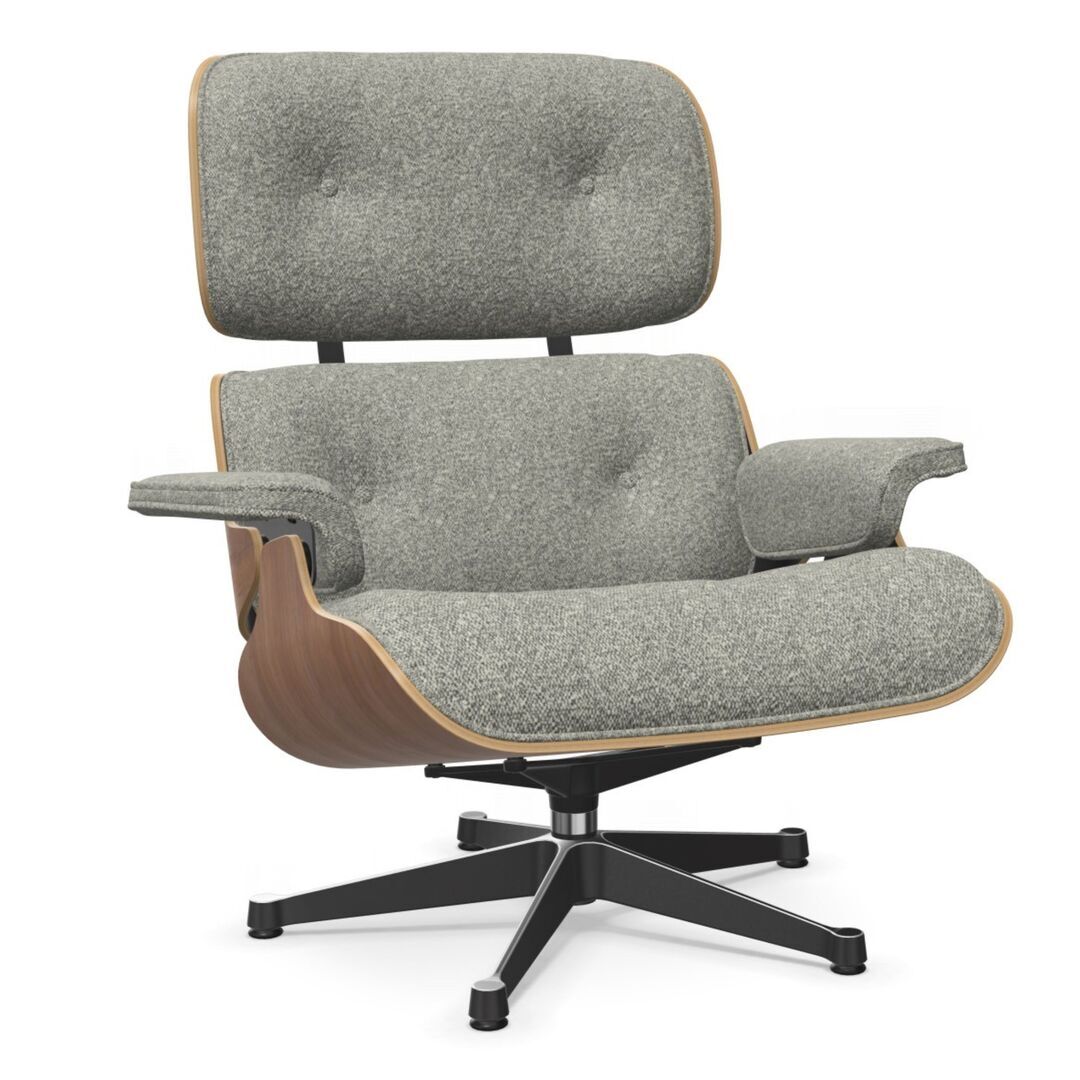 Vitra Eames Lounge Chair / neues Furnier / Stoff / Filzgleiter harte Böden Nussbaum natur lackiert 31, Crème-Dunkelbraun 05 - Nubia, Aluminium poliert 03 / Tiefschwarz 12 pulverbeschichtet (glatt), Neue Masse