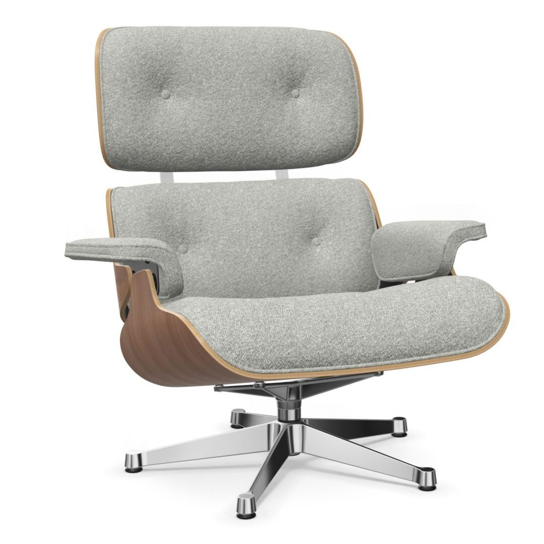 Vitra Eames Lounge Chair / neues Furnier / Stoff / Filzgleiter harte Böden Nussbaum natur lackiert 31, Crème-Sierragrau 06 - Nubia, Aluminium poliert 03, Klassische Masse