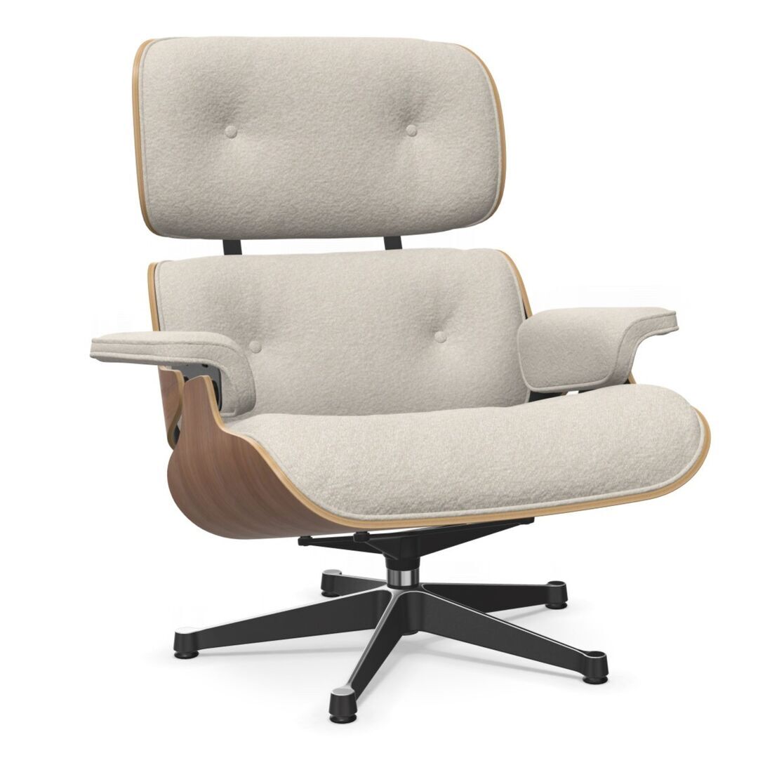 Vitra Eames Lounge Chair / neues Furnier / Stoff / Filzgleiter harte Böden Nussbaum natur lackiert 31, Elfenbein-Perle 01 - Nubia, Aluminium poliert 03 / Tiefschwarz 12 pulverbeschichtet (glatt), Neue Masse