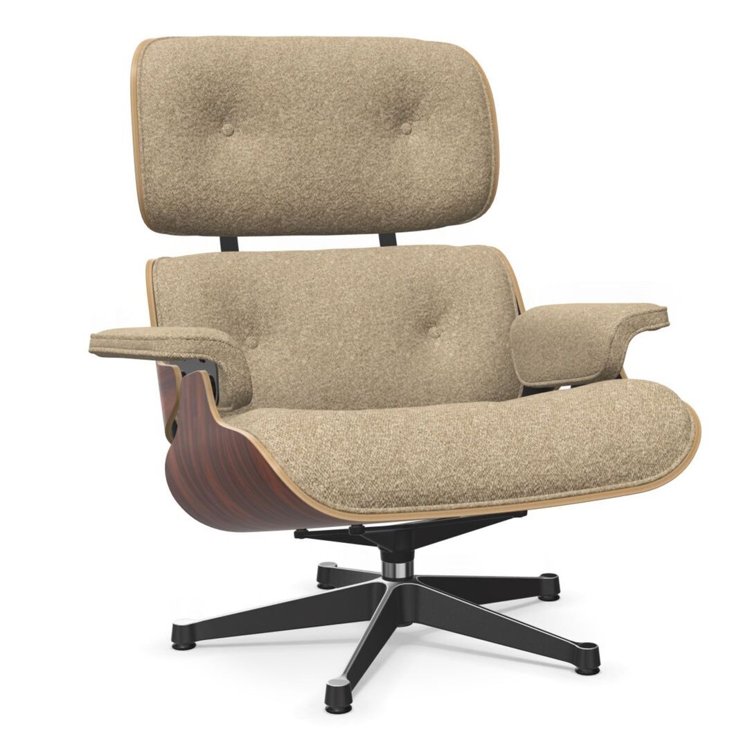 Vitra Eames Lounge Chair / neues Furnier / Stoff / Filzgleiter harte Böden Santos Palisander 05, Bambus-Terra 04 - Nubia, Aluminium poliert 03 / Tiefschwarz 12 pulverbeschichtet (glatt), Klassische Masse