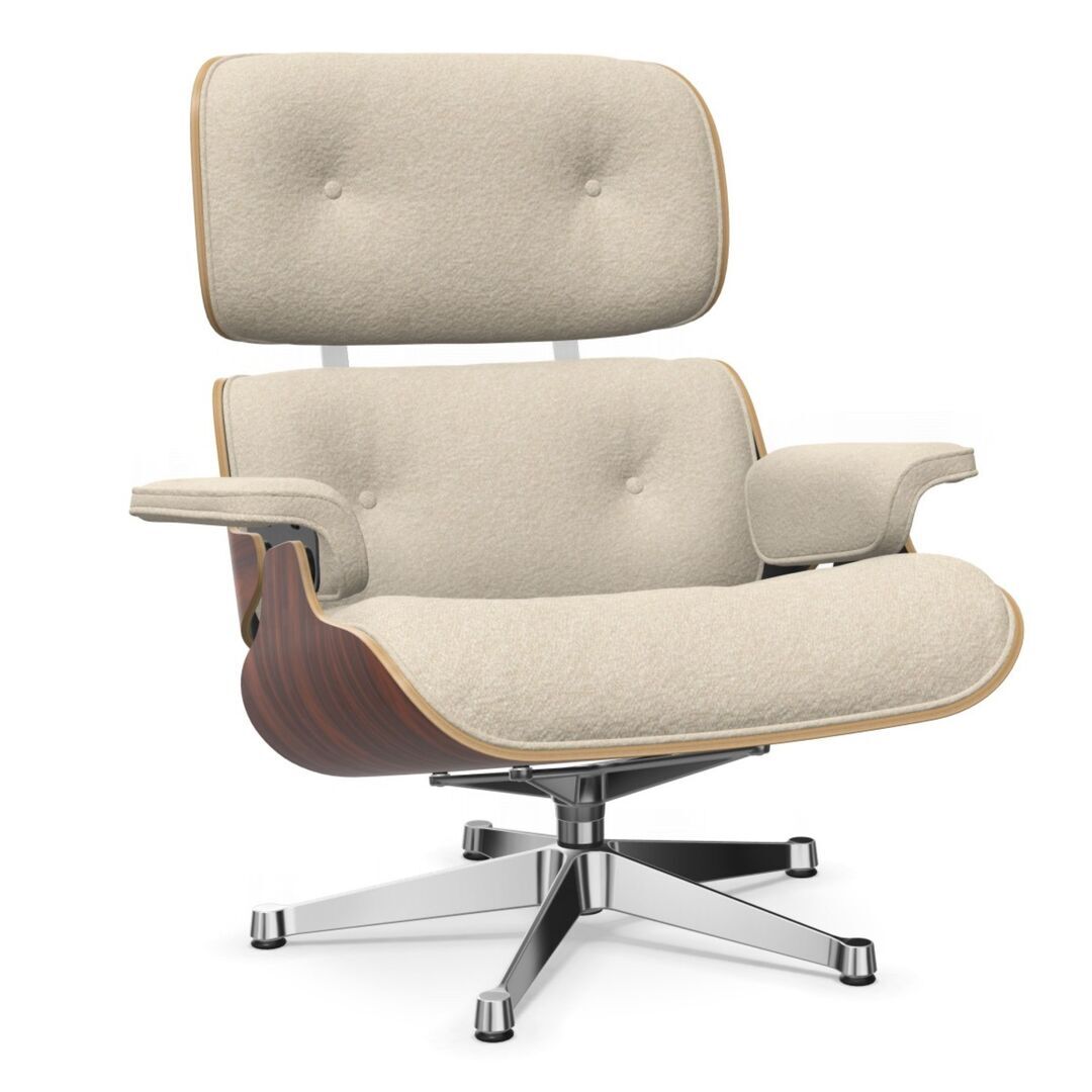 Vitra Eames Lounge Chair / neues Furnier / Stoff / Filzgleiter harte Böden Santos Palisander 05, Crème-Perle 02 - Nubia, Aluminium poliert 03, Neue Masse