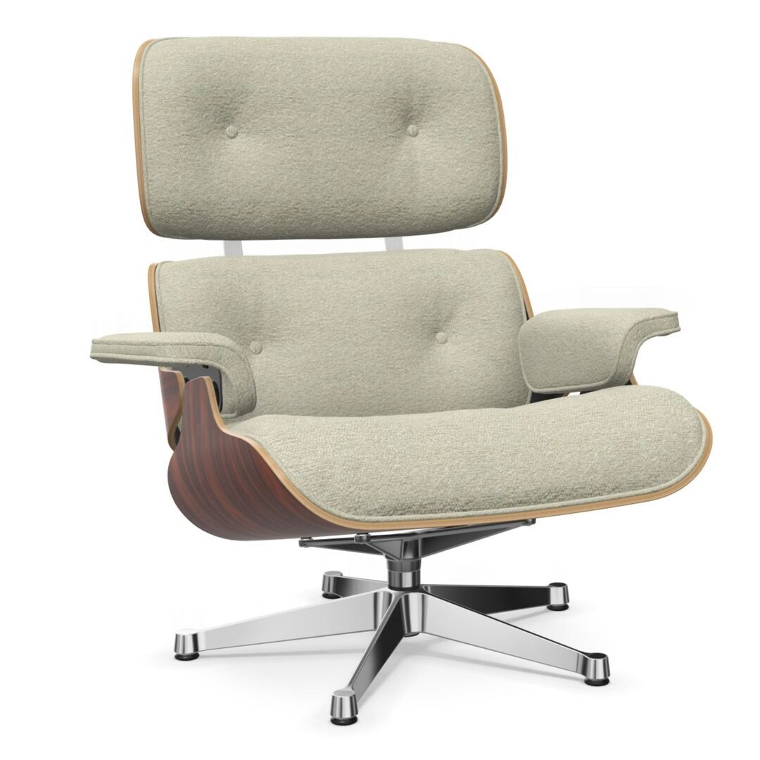 Vitra Eames Lounge Chair / neues Furnier / Stoff / Filzgleiter harte Böden Santos Palisander 05, Crème-Sand 03 - Nubia, Aluminium poliert 03, Neue Masse