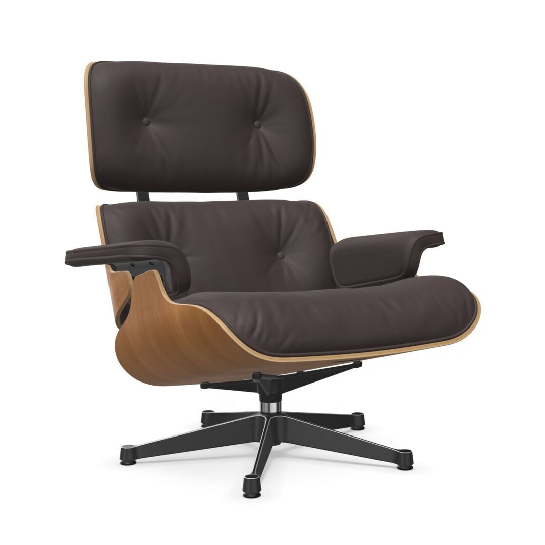Vitra Eames Lounge Chair / neues Furnier / Leder / Filzgleiter harte Böden Kirschbaum natur lackiert 28, Pflaume 87 - Leder Premium F, Aluminium poliert 03 / Tiefschwarz 12 pulverbeschichtet (glatt), Neue Masse