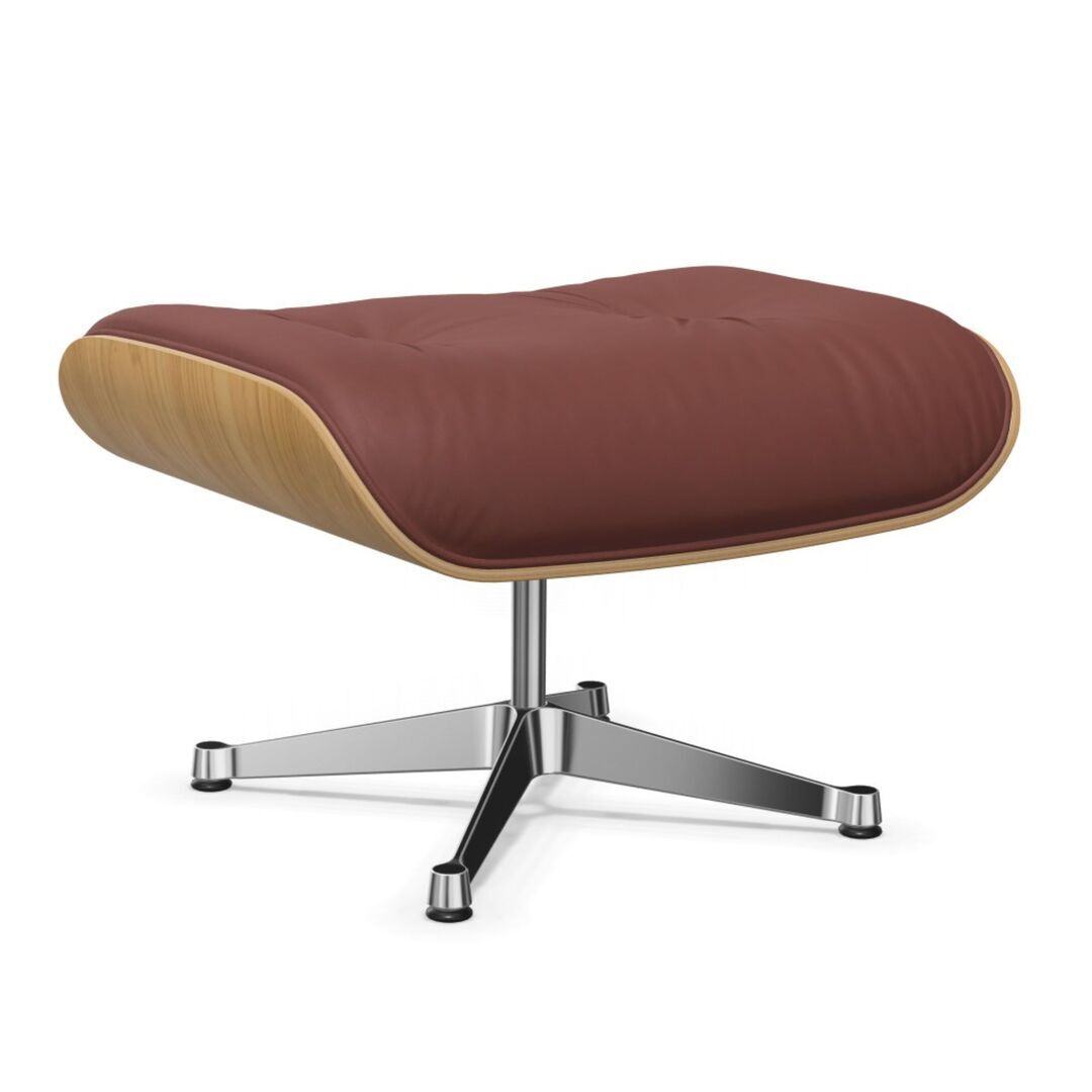 Vitra Lounge Chair Ottoman / neues Furnier / Leder Kastanie natur lackiert 26, Brandy 93 - Leder Premium F, Aluminium poliert 03