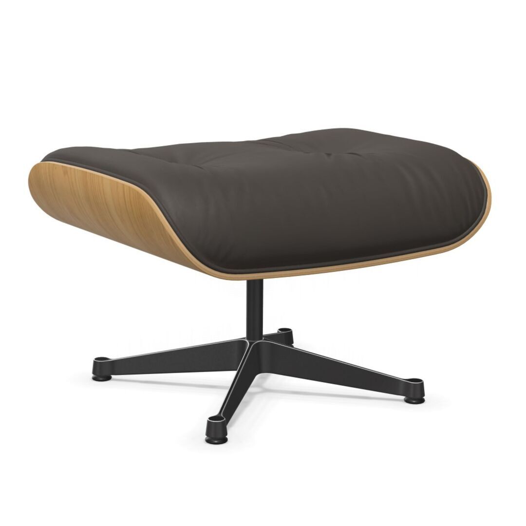 Vitra Lounge Chair Ottoman / neues Furnier / Leder Kastanie natur lackiert 26, Braun 77 - Leder Premium F, Aluminium poliert 03 / Tiefschwarz 12 pulverbeschichtet (glatt)