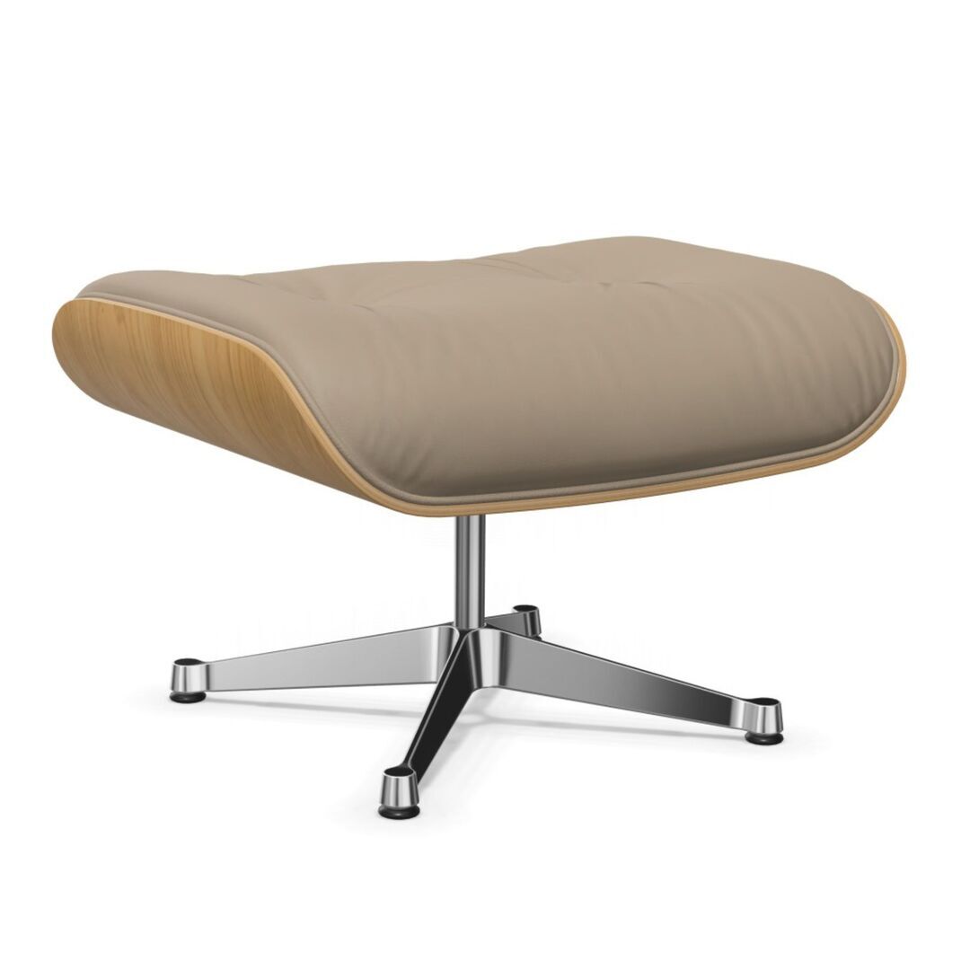 Vitra Lounge Chair Ottoman / neues Furnier / Leder Kastanie natur lackiert 26, Dark Sand 78 - Leder Natural F, Aluminium poliert 03