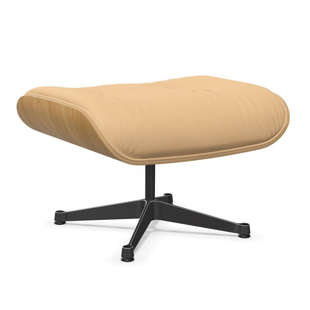 Vitra Lounge Chair Ottoman / neues Furnier / Leder Kastanie natur lackiert 26, Cashew 63 - Leder Premium F, Aluminium poliert 03 / Tiefschwarz 12 pulverbeschichtet (glatt)