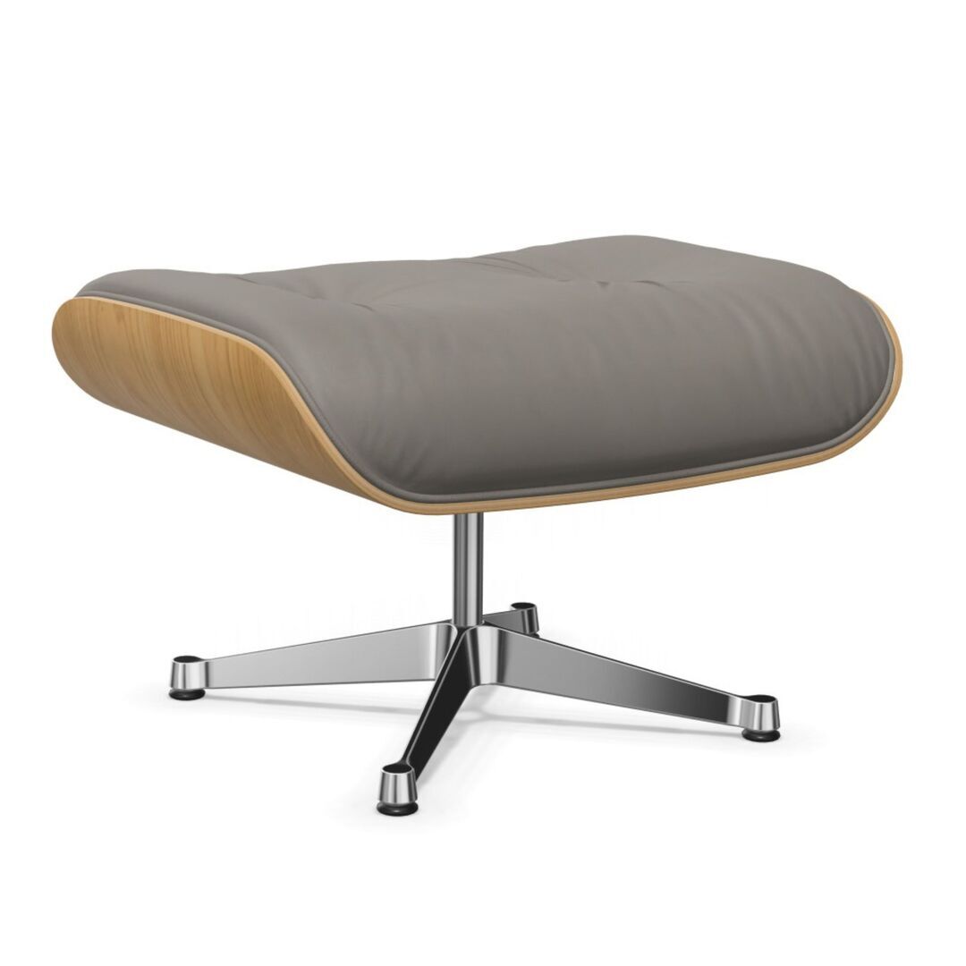 Vitra Lounge Chair Ottoman / neues Furnier / Leder Kastanie natur lackiert 26, Granit 65 - Leder Premium F, Aluminium poliert 03