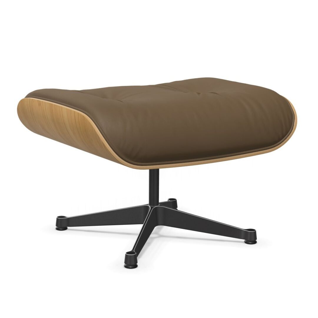 Vitra Lounge Chair Ottoman / neues Furnier / Leder Kastanie natur lackiert 26, Olive 74 - Leder Premium F, Aluminium poliert 03 / Tiefschwarz 12 pulverbeschichtet (glatt)
