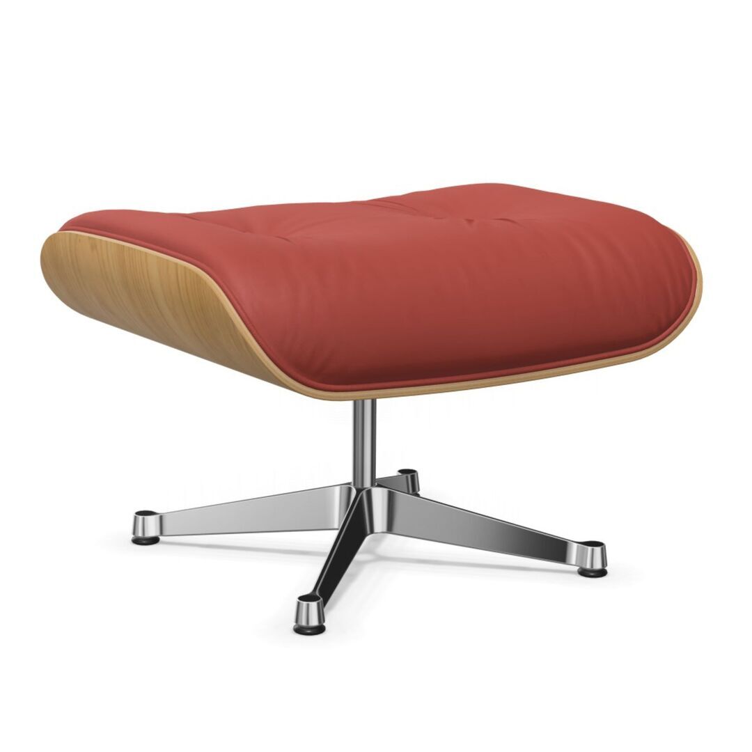 Vitra Lounge Chair Ottoman / neues Furnier / Leder Kastanie natur lackiert 26, Red Stone 22 - Leder Premium F, Aluminium poliert 03