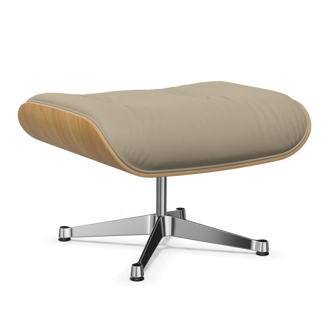 Vitra Lounge Chair Ottoman / neues Furnier / Leder Kastanie natur lackiert 26, Sand 71 - Leder Premium F, Aluminium poliert 03