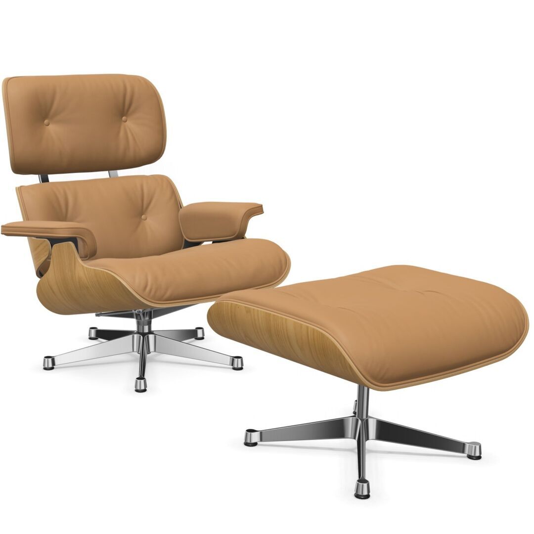 Vitra Lounge Chair & Ottoman / neues Furnier / Leder / Filzgleiter für harte Boden Kastanie natur lackiert 26, Caramel 01 - Leder Natural F, Aluminium poliert 03, Klassische Masse