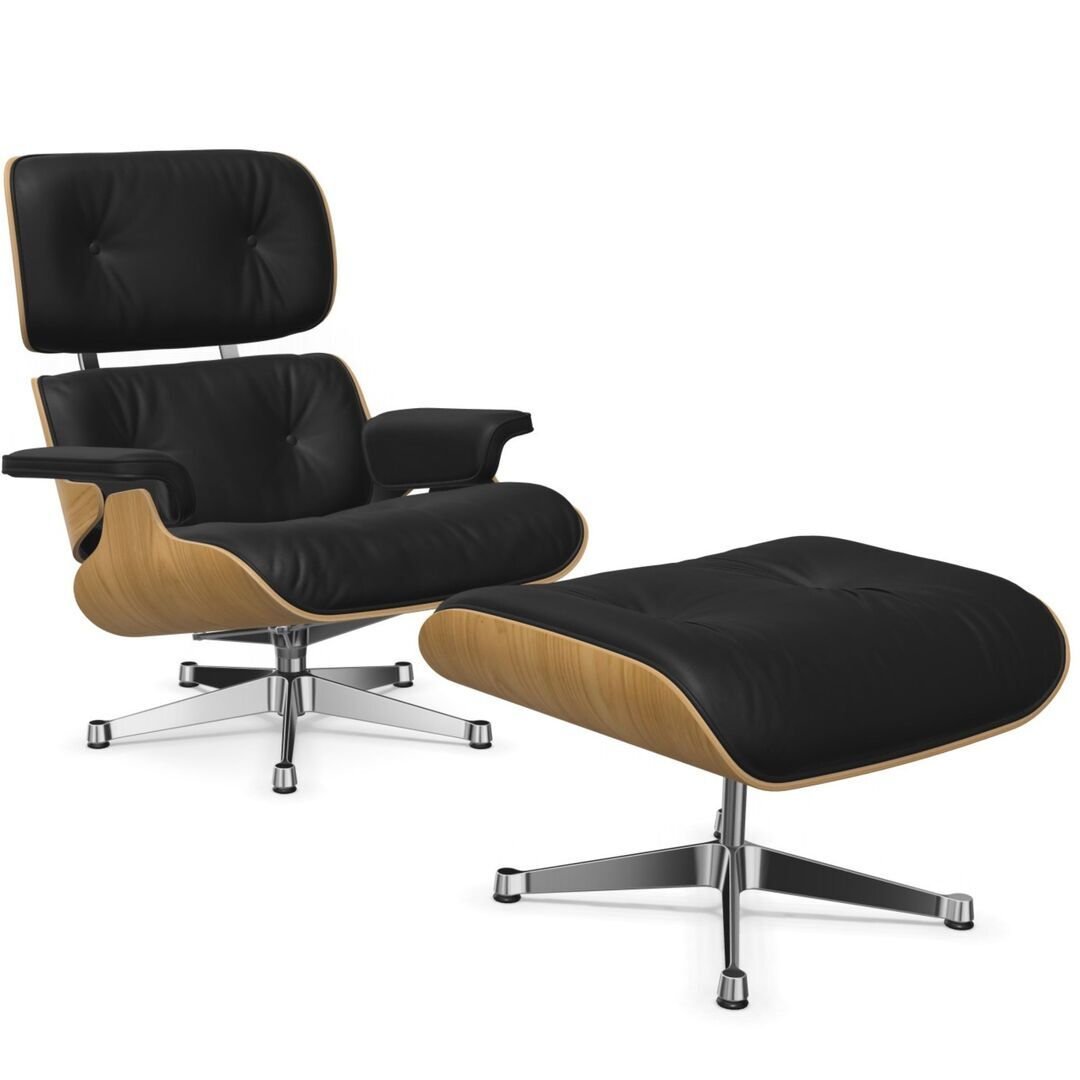 Vitra Lounge Chair & Ottoman / neues Furnier / Leder / Filzgleiter für harte Boden Kastanie natur lackiert 26, Nero 66 - Leder Natural F, Aluminium poliert 03, Klassische Masse