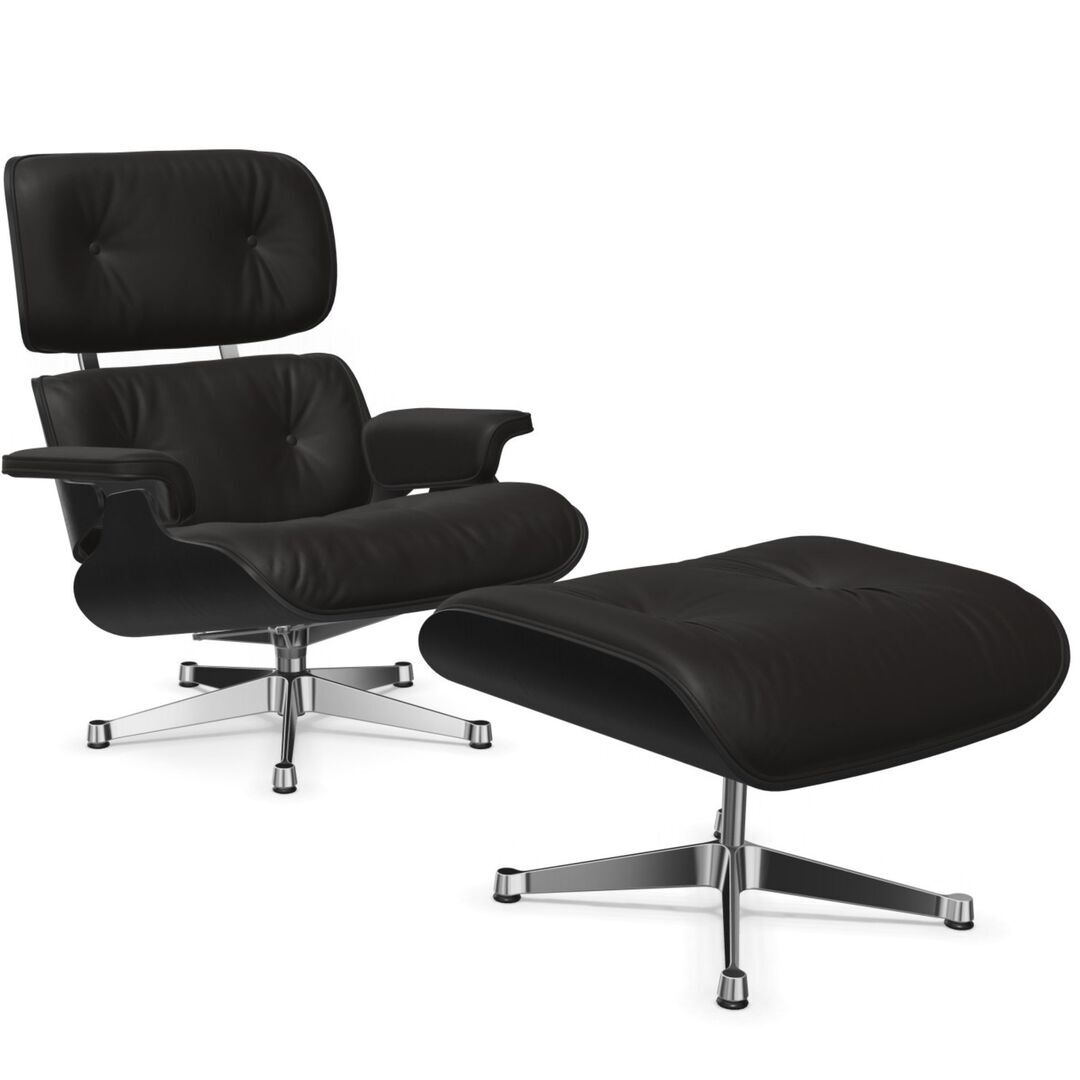 Vitra Lounge Chair & Ottoman / neues Furnier / Leder / Filzgleiter für harte Boden Kastanie schwarz lackiert 27, Chocolate 68 - Leder Natural F, Aluminium poliert 03, Klassische Masse