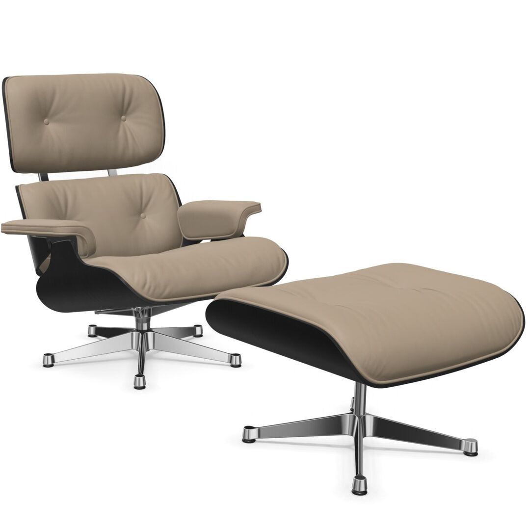 Vitra Lounge Chair & Ottoman / neues Furnier / Leder / Filzgleiter für harte Boden Kastanie schwarz lackiert 27, Dark Sand 78 - Leder Natural F, Aluminium poliert 03, Klassische Masse